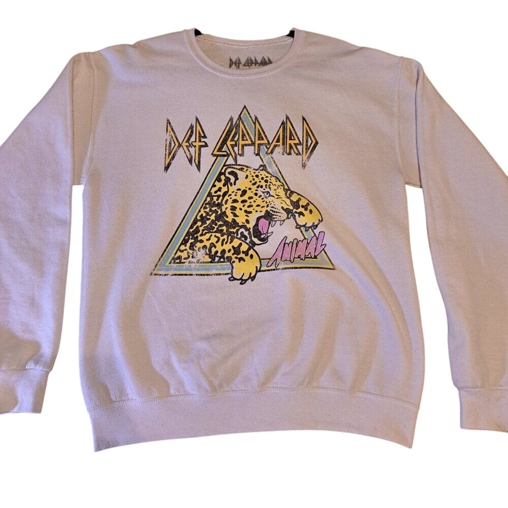 Def Leppard Unisex S/M Animal White Distressed Crewneck Band Sweatshirt Rock